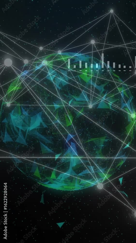 Poster animation of network of connections with spots over globe on dark background