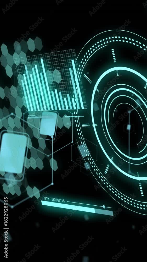 Aufkleber animation of scopes and scientific data processing over black background