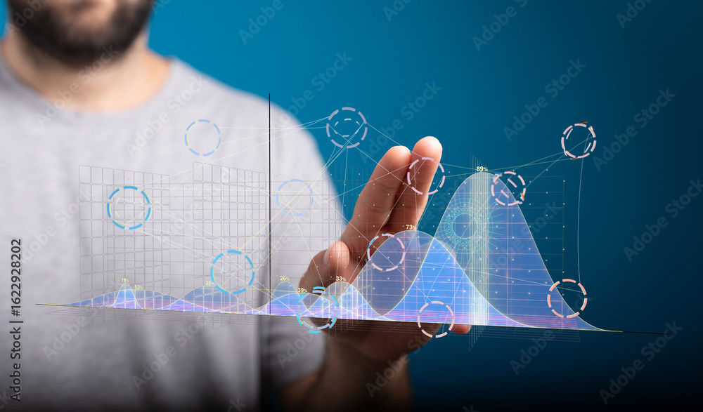 Poster stock photo of a person interacting with a digital graph visualization. perfect for business, techno