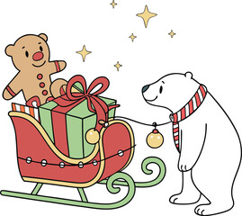 A fun cartoon illustration of a smiling puppy wearing a Santa hat and holding a red gift box