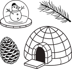 Cartoon icons and illustrations for Christmas and New Year with festive art, globe, and animal designs