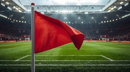 Red Flag on Soccer Field with Stadium Lights