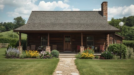 Rustic Cabin with Veranda in Country Landscape