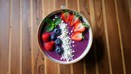 Smoothie bowl with dragon fruit, coconut flakes, strawberries, mint leaves, top view on wooden background, clean and fresh composition.