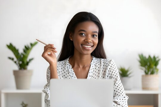 Smiling african american woman working on laptop at home office online business concept happy face - Powered by Adobe