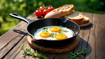 Farm-style breakfast outdoors featuring fried eggs in a cast-iron pan, crusty bread, fresh herbs, and ripe tomatoes on a rustic wooden table basking in garden sunlight.
