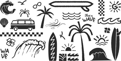 Hand Drawn Summer Beach Elements. Retro Summer Surf Icons, Minimal Surf Style Vector Set, Surfing and Summer Symbols Collection