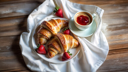 French croissants with strawberries and cappuccino, white linens, bright morning light, elegant and appetizing breakfast flat lay.
