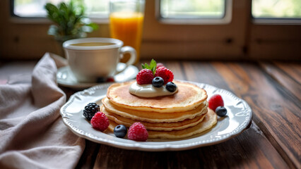 Stack of golden pancakes with sour cream and fresh berries on white plate, rustic wooden table, cozy morning light, warm country breakfast aesthetic  