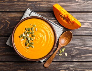 Creamy pumpkin soup with seeds and olive oil
