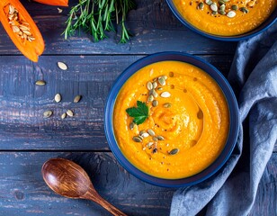 Creamy pumpkin soup with seeds and olive oil