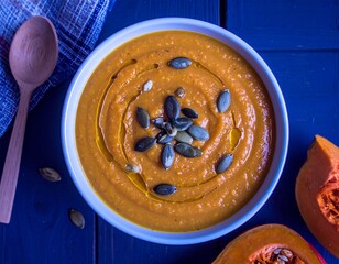 Creamy pumpkin soup with seeds and olive oil