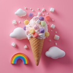 Colorful ice cream cone with marshmallows on a pink background