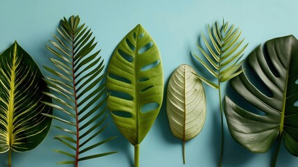 Collection of various tropical leaves arranged on a blue background