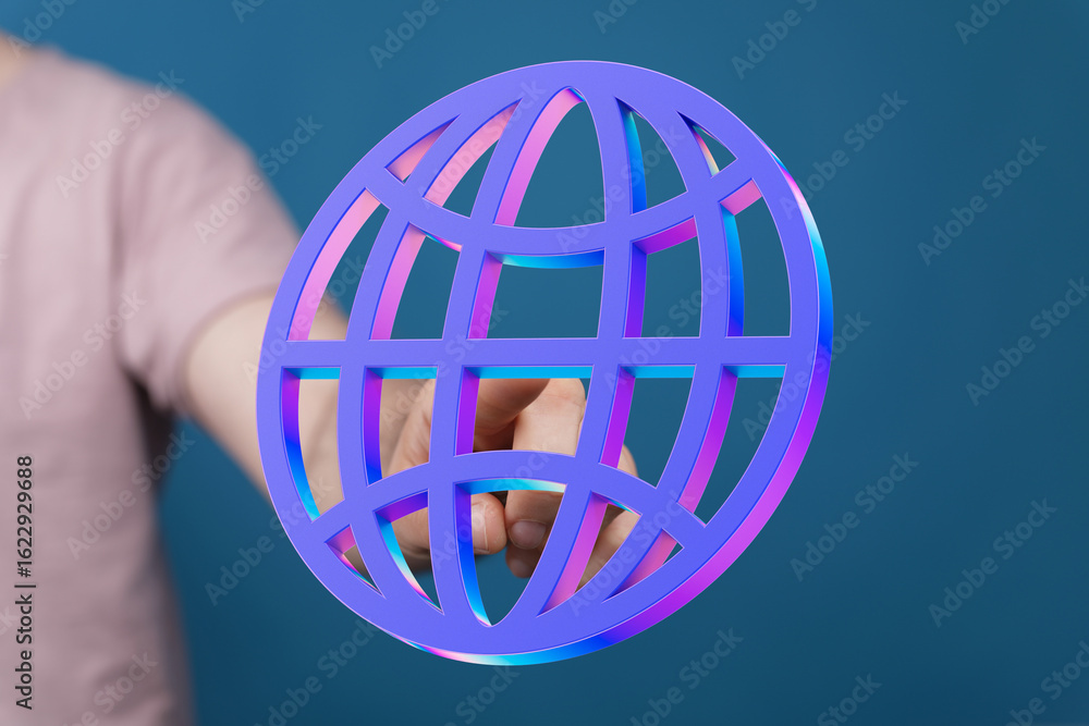 Poster abstract image of a hand interacting with a vibrant 3d global network icon, symbolizing connectivity