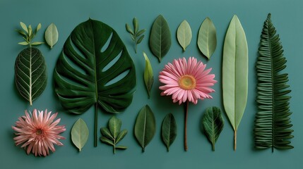 Vibrant arrangement of tropical leaves and flowers on a teal background