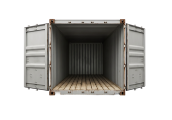 Front view of an open empty gray shipping container with a wooden floor and slight rust. PNG Transparent Background