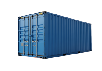 Large blue corrugated steel shipping container with locked doors isolated view. PNG Transparent Background