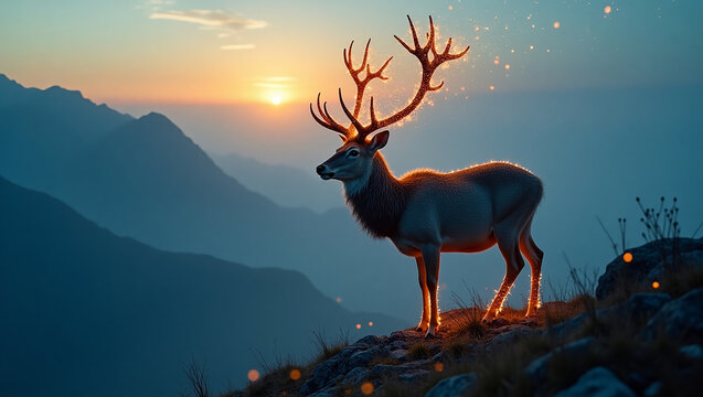 Glowing antlers and fur of a majestic deer standing on mountain ridge at sunset, with magical particles floating in warm, serene twilight atmosphere