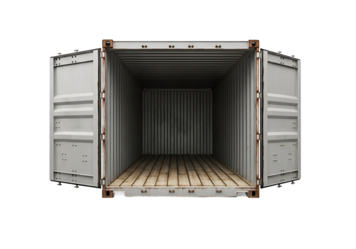 Front view of an open empty gray shipping container with a wooden floor and slight rust. PNG Transparent Background