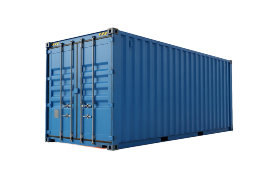 Large blue corrugated steel shipping container with locked doors isolated view. PNG Transparent Background