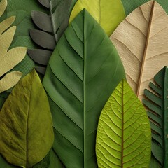 Various green leaves arranged in an artistic composition on a textured surface
