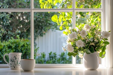 White window frames in Australian kitchen with coffee mug, vase, and bouquet on counter, sunlight creating bright fresh elegant atmosphere