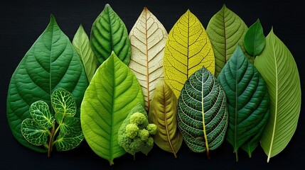 Green leaves against a dark background show nature's diversity