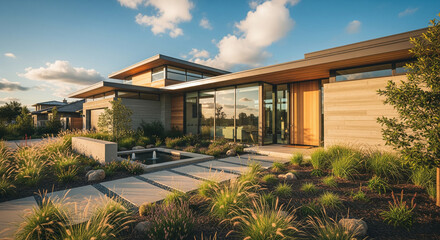 Fototapeta premium Modern home with wood and concrete accents, a water feature, and beautiful desert landscaping.