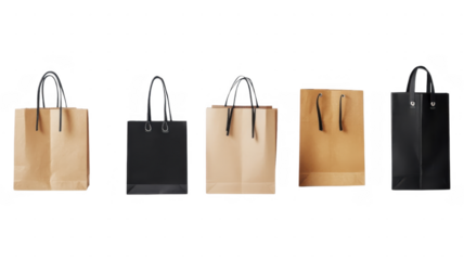 Different styles of shopping bags arranged in an transparent background display