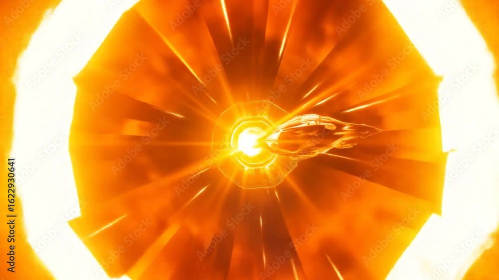 Poster futuristic spaceship flying through a portal with glowing rays in deep space