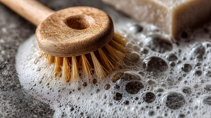 Eco-Friendly Cleaning: A close-up shot of a wooden brush amidst frothy soap bubbles, showcasing sustainable and eco-conscious cleaning practices.