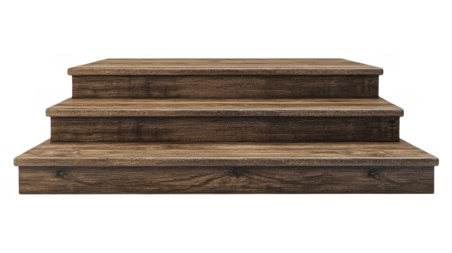 Wooden steps leading to an elevated surface with a smooth, rustic design