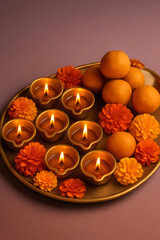 Beautifully decorated Pooja Thali for diwali worship celebration, having Indian sweets, lamp, flower. ai generative