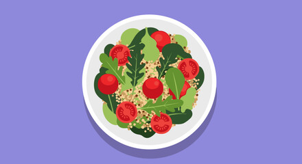 Bowl of quinoa salad with cherry tomatoes and greens on a purple background