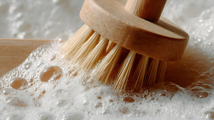 Soapy Brush in Action: A close-up shot of a wooden brush creating rich, foamy bubbles, perfect for cleaning and household tasks.