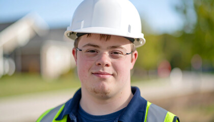 A young man with Down syndrome, wearing a white hard hat and a reflective safety vest, smiles confidently outdoors.