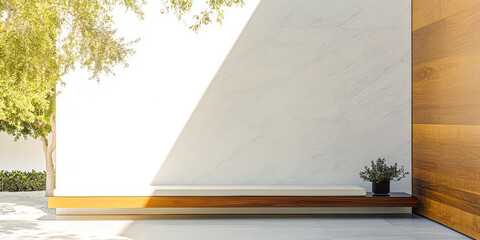 Bright minimalist outdoor space featuring a wooden bench and potted plant with sunlight casting geometric shadows