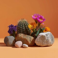 Colorful arrangement of flowers and stones with a vibrant background