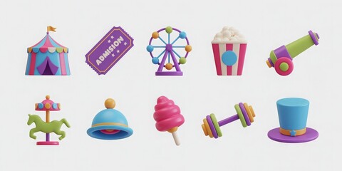 Set of 10 3D circus and carnival icons on a white background, ideal for amusement park websites, event flyers, and children's party invitations
