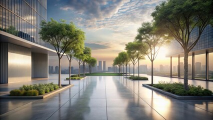 Naklejka premium Serene Urban Oasis A Modern Architectural Plaza with Lush Greenery at Sunrise
