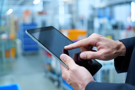 Using tablet for warehouse management system inventory control and logistics optimization tech