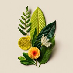Colorful arrangement of leaves and flowers with vibrant textures and shapes