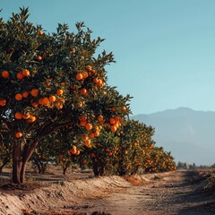 Lush orange grove under clear blue sky in afternoon light