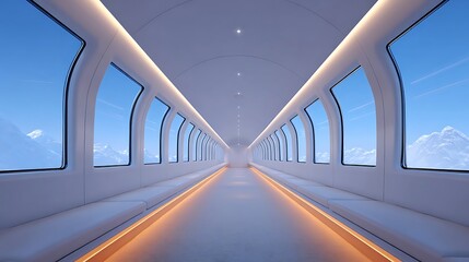 Interior view of sleek futuristic train tunnel with multiple windows showcasing blue sky, modern travel design