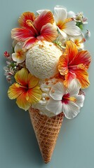 Elaborate ice cream cone decorated with vibrant flowers in a serene setting