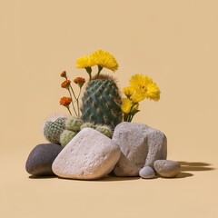 Cacti and stones arrangement with vibrant flowers on a beige background