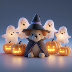 Adorable dog in a witch costume with glowing pumpkins and ghosts!