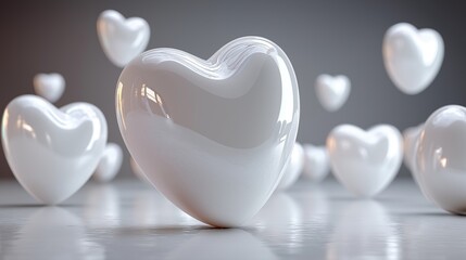 White heart shapes floating in a serene gray background