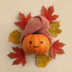 Cute pumpkin character with a towel hat surrounded by autumn leaves